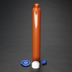 AccuDose 12oz (360cc) black cartridge kit with piston, tip cap, and end cap