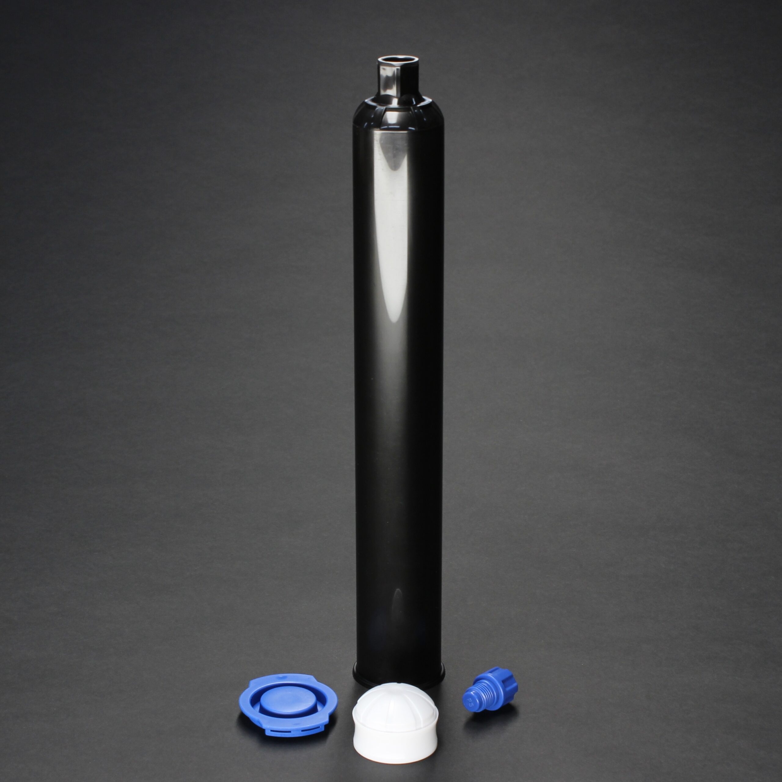 AccuDose 12oz (360cc) black cartridge kit with piston, tip cap, and end cap