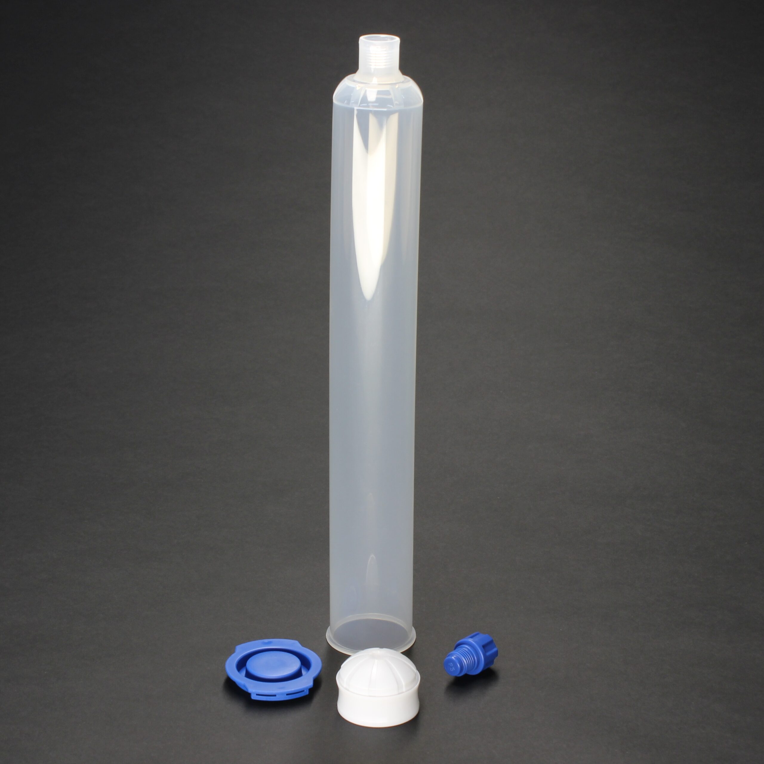 AccuDose 12oz (360cc) black cartridge kit with piston, tip cap, and end cap