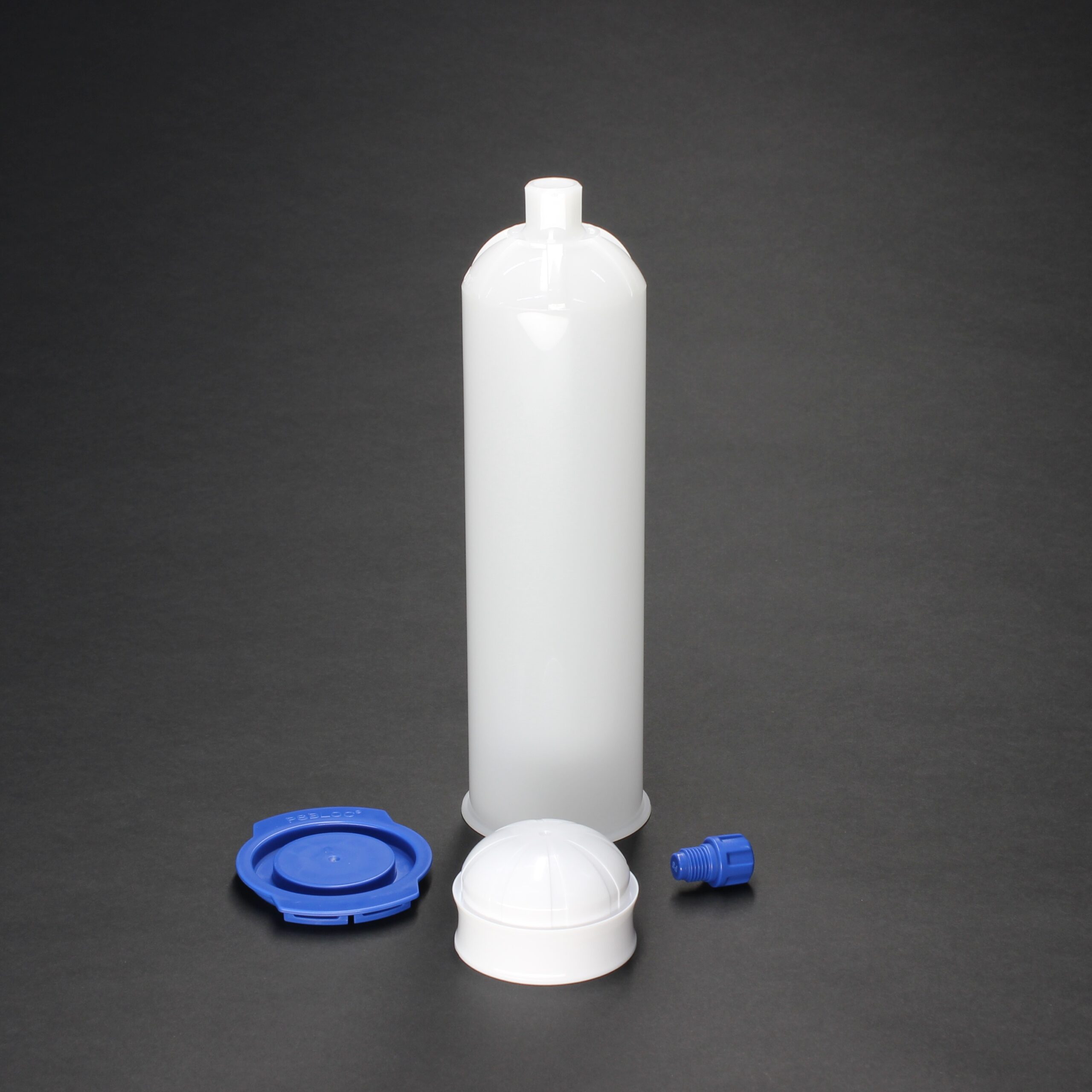 AccuDose 20oz (600cc) black cartridge kit with piston, tip cap, and end cap