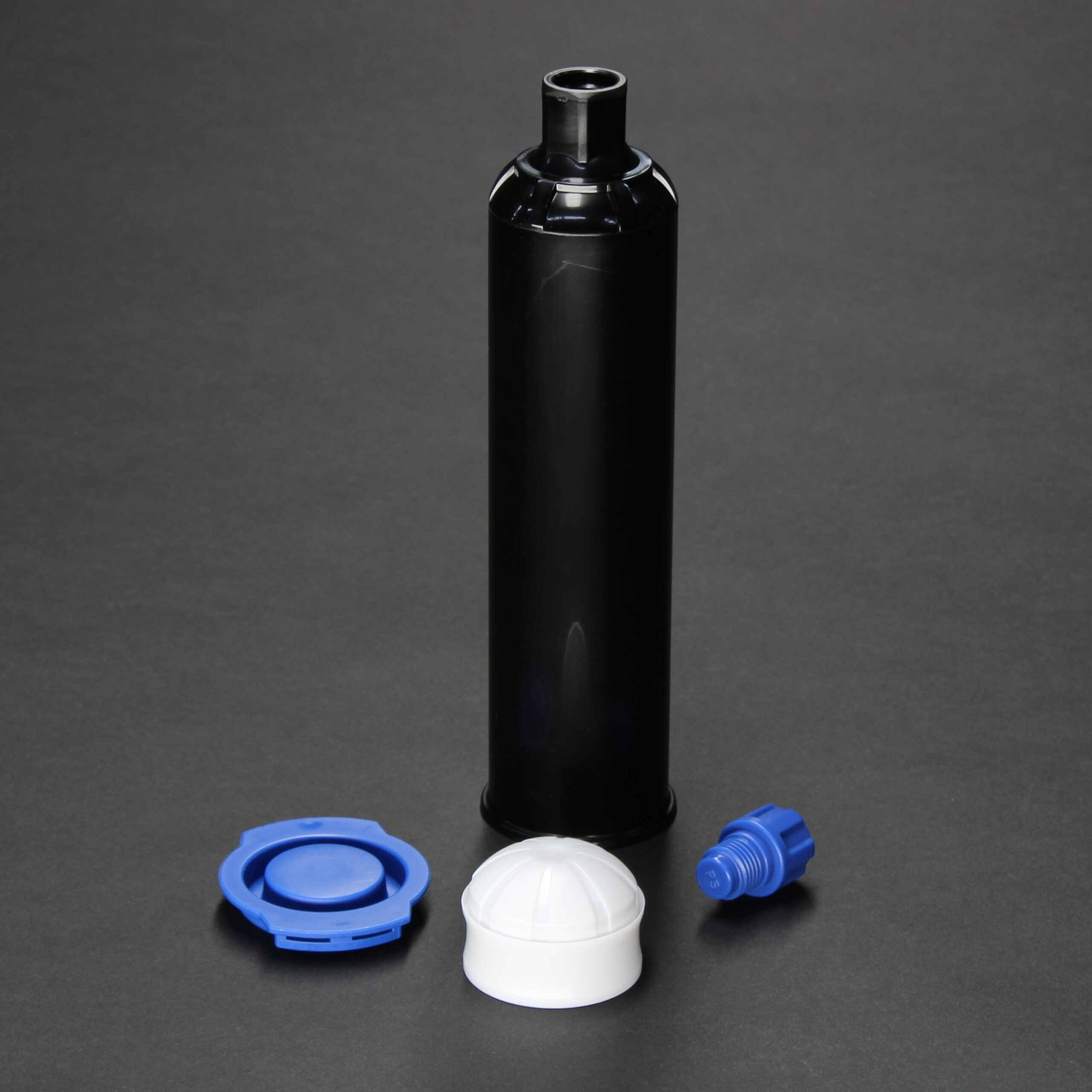 AccuDose 6oz (150cc) black cartridge kit with piston, tip cap, and end cap